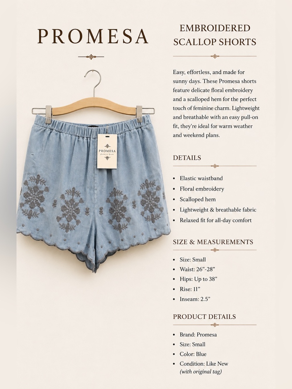 Promesa Light Blue Embroidered Scallop-Hem Shorts